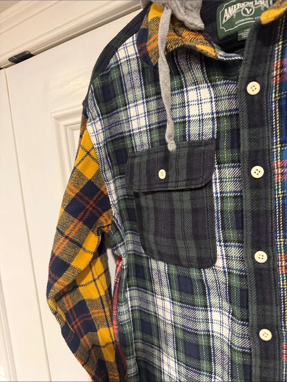 American Eagle Patchwork Plaid Hooded Flannel Shacket Shirt Jacket